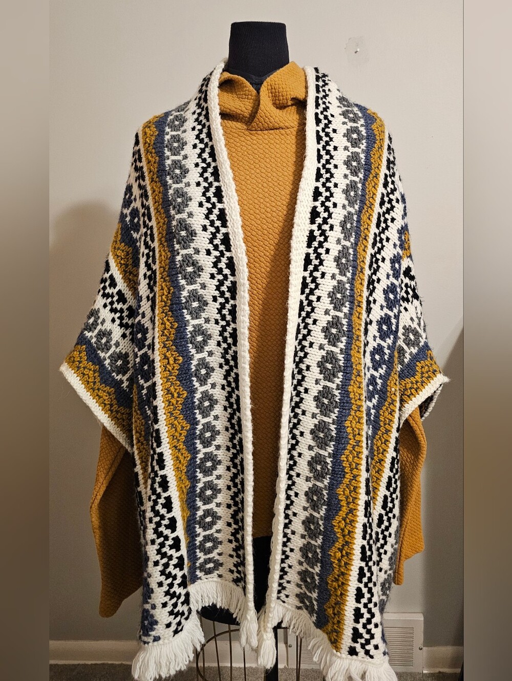Cocogio Mustard and Ivory Patterned Knit Poncho Sweater